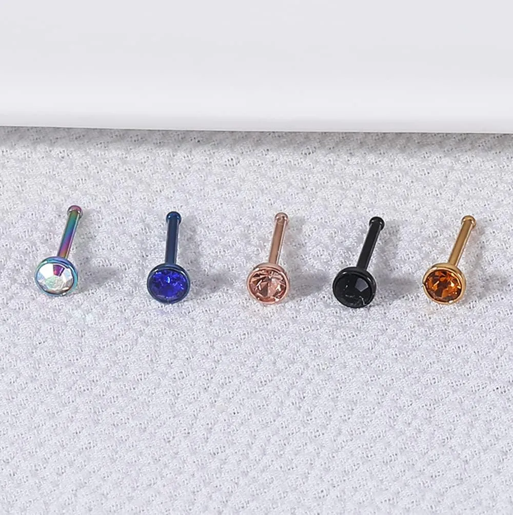 6pcs 20g Nose Studs Black Rose Gold Nose Rings Stainless Steel L Shaped Corkscrew Nose Ring Studs for Women Men Small Cute Nose Rings Stud 3mm Cz Nostril Piercing Jewelry