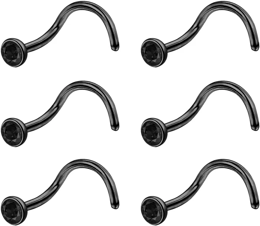 6pcs 20g Nose Studs Black Rose Gold Nose Rings Stainless Steel L Shaped Corkscrew Nose Ring Studs for Women Men Small Cute Nose Rings Stud 3mm Cz Nostril Piercing Jewelry