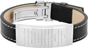 8.5 inch Men's Stainless Steel Prayer ID Bracelet with Black Faux Leather Single Locking, Durable, and Spiritually Inspired