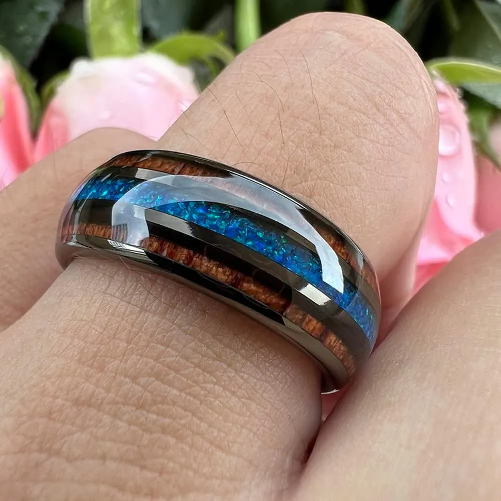 8mm Silver/Black/Gunmetal/Rose Gold Tungsten Rings for Men Women Engagement Wedding Bands Koa Wood Blue Opal Inlay Domed I Love You Engraved Comfort Fit
