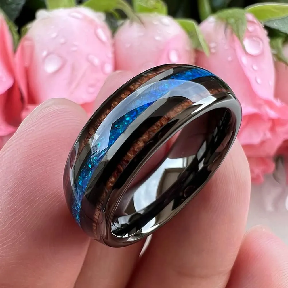 8mm Silver/Black/Gunmetal/Rose Gold Tungsten Rings for Men Women Engagement Wedding Bands Koa Wood Blue Opal Inlay Domed I Love You Engraved Comfort Fit
