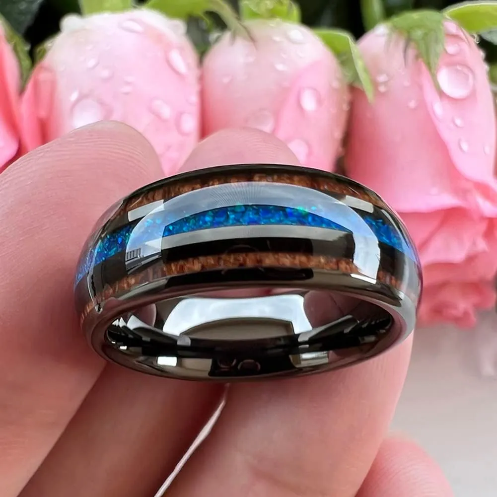 8mm Silver/Black/Gunmetal/Rose Gold Tungsten Rings for Men Women Engagement Wedding Bands Koa Wood Blue Opal Inlay Domed I Love You Engraved Comfort Fit