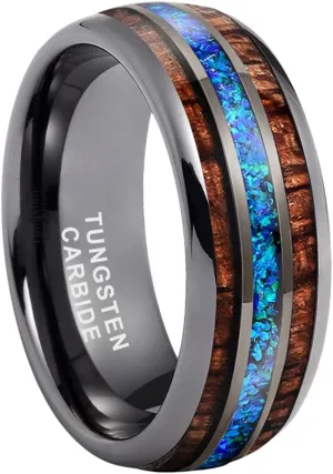 8mm Silver/Black/Gunmetal/Rose Gold Tungsten Rings for Men Women Engagement Wedding Bands Koa Wood Blue Opal Inlay Domed I Love You Engraved Comfort Fit