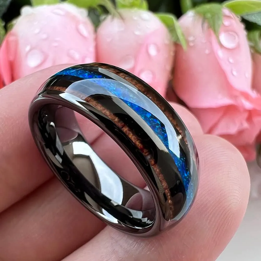 8mm Silver/Black/Gunmetal/Rose Gold Tungsten Rings for Men Women Engagement Wedding Bands Koa Wood Blue Opal Inlay Domed I Love You Engraved Comfort Fit