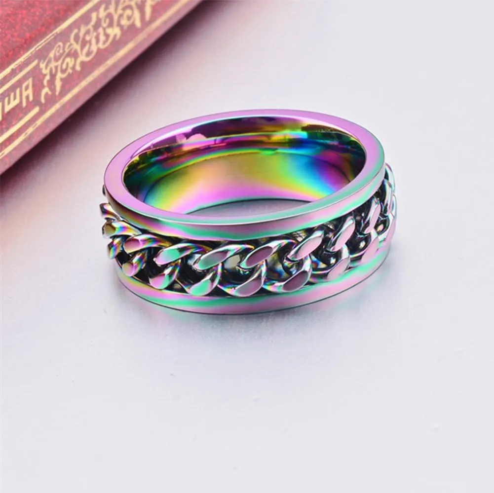 8mm Titanium Steel Rainbow Spinner Cuban Link Chain Lucky Ring for Men Women Wedding Ring