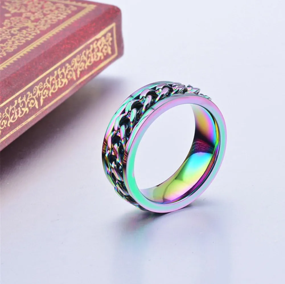 8mm Titanium Steel Rainbow Spinner Cuban Link Chain Lucky Ring for Men Women Wedding Ring