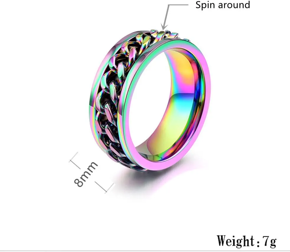 8mm Titanium Steel Rainbow Spinner Cuban Link Chain Lucky Ring for Men Women Wedding Ring