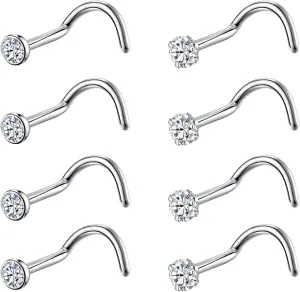 8PCS G23 Titanium Twist Screw Nose Studs 18G 20G Nose Rings 2mm 2.5mm 3mm Clear Pink Purple Aurora CZ Gold Nose Piercing Studs Nostril for Women Men