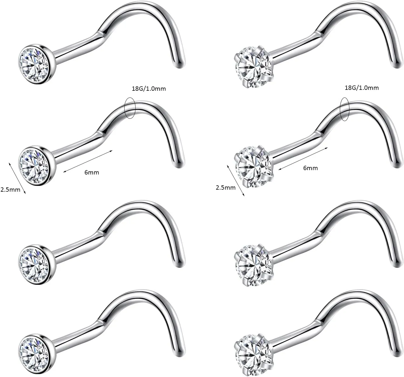 8PCS G23 Titanium Twist Screw Nose Studs 18G 20G Nose Rings 2mm 2.5mm 3mm Clear Pink Purple Aurora CZ Gold Nose Piercing Studs Nostril for Women Men