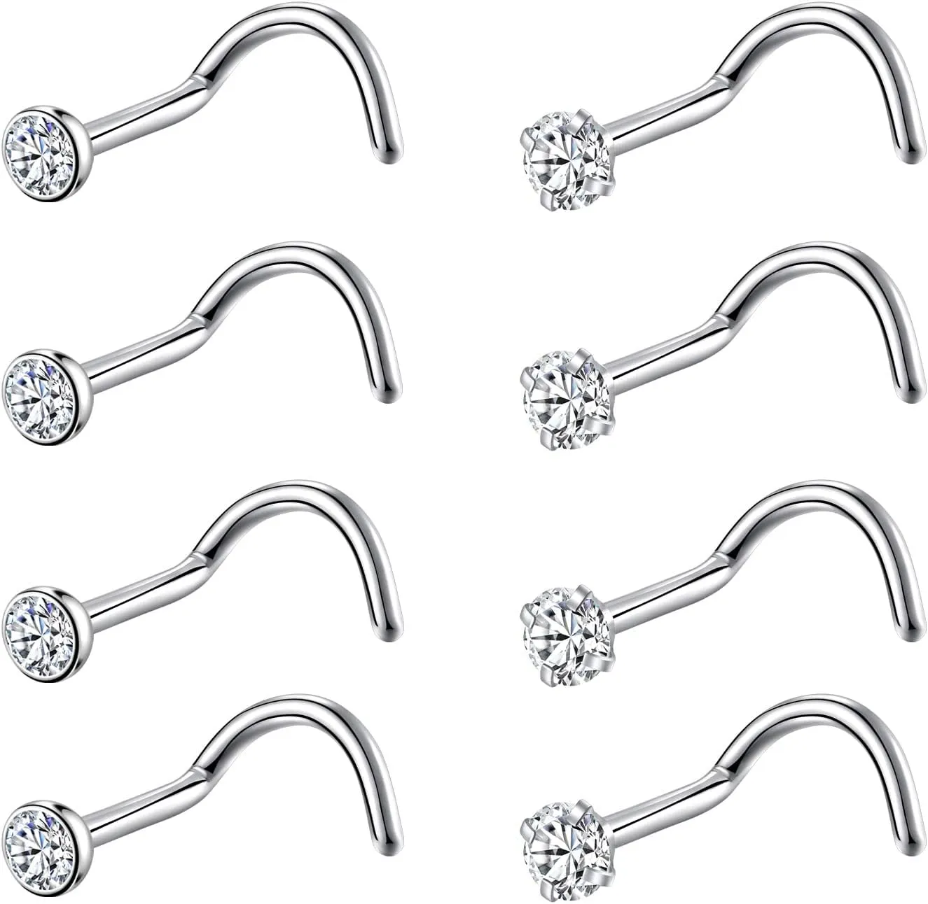 8PCS G23 Titanium Twist Screw Nose Studs 18G 20G Nose Rings 2mm 2.5mm 3mm Clear Pink Purple Aurora CZ Gold Nose Piercing Studs Nostril for Women Men
