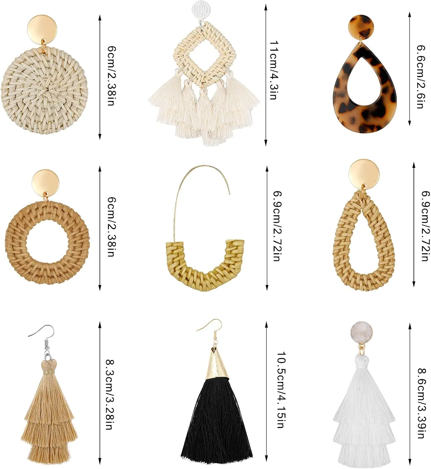 9 Pairs-26 Pairs Rattan Earrings for Women Girls Lightweight Acrylic Geometric Statement Woven Earrings Handmade Straw Wicker Braid Hoop Drop Dangle Earrings