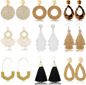 9 Pairs-26 Pairs Rattan Earrings for Women Girls Lightweight Acrylic Geometric Statement Woven Earrings Handmade Straw Wicker Braid Hoop Drop Dangle Earrings
