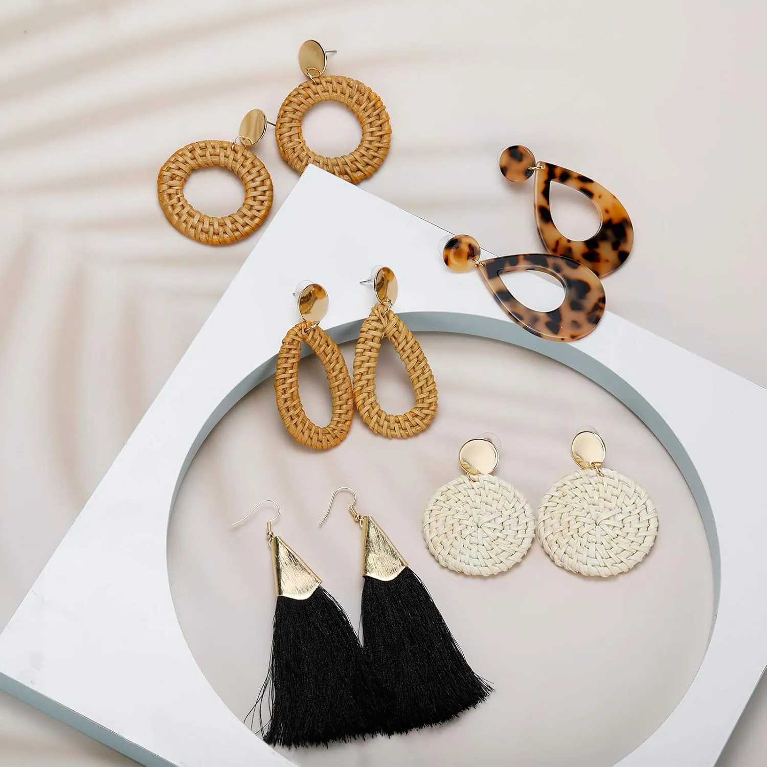 9 Pairs-26 Pairs Rattan Earrings for Women Girls Lightweight Acrylic Geometric Statement Woven Earrings Handmade Straw Wicker Braid Hoop Drop Dangle Earrings