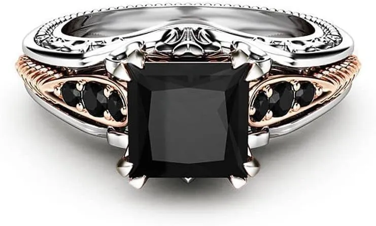 925 Sterling Silver Black Agate Jade Cocktail Ring Square Cut Diamond Ring Women's Vintage Unique Eternal Commitment Ring Engagement Party Jewelry-Making-Patterns