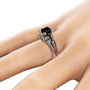 925 Sterling Silver Black Agate Jade Cocktail Ring Square Cut Diamond Ring Women's Vintage Unique Eternal Commitment Ring Engagement Party Jewelry-Making-Patterns