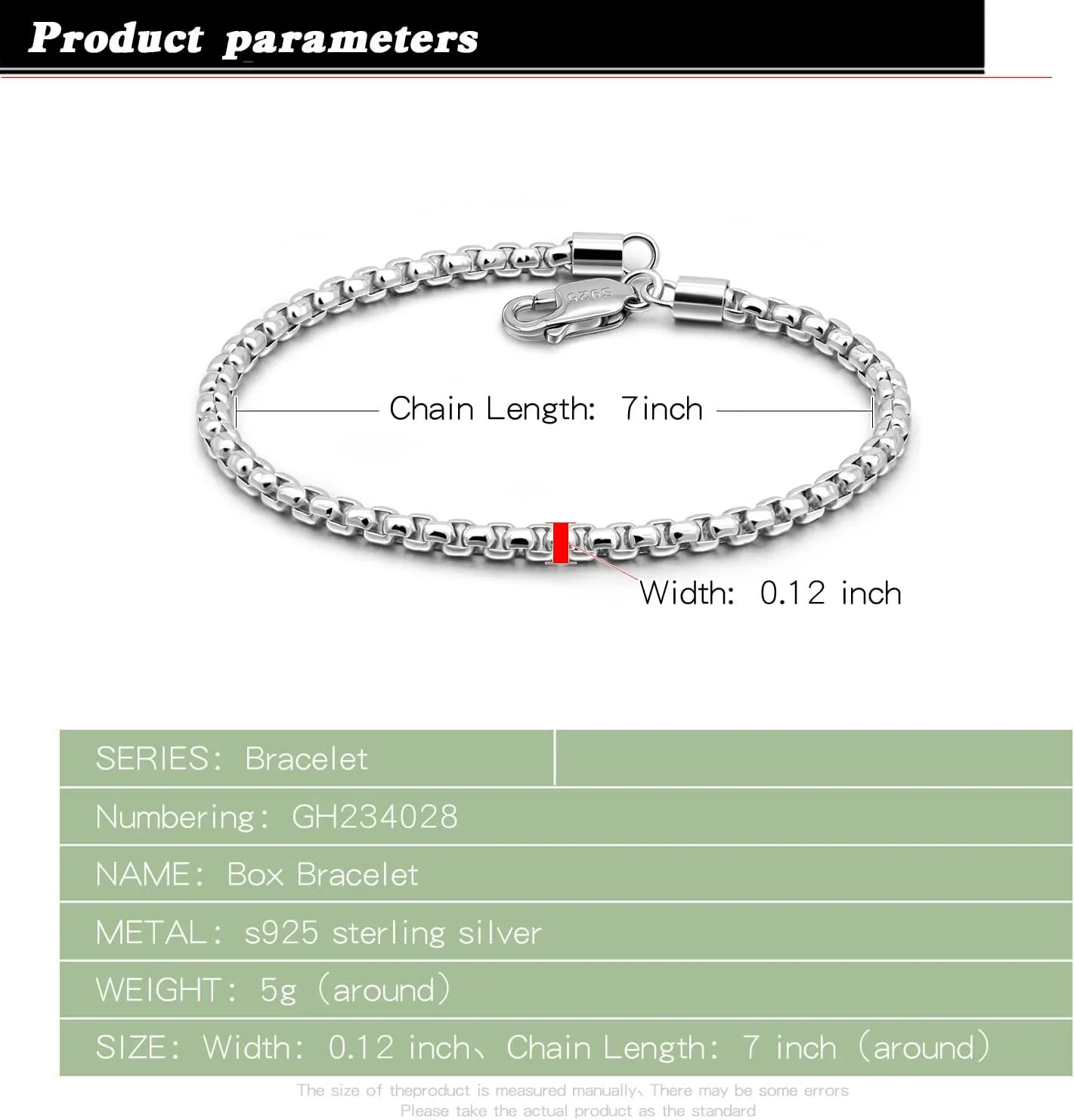 925 Sterling Silver Bracelet Men Women 3MM Square Rolo Link Round Box Chain 6.3" 6.7" 7" 7.5" 8" 8.5" 9" Bangle Unisex Jewelry Gift