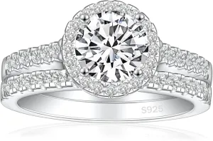 925 Sterling Silver Bridal Rings Sets for Women Halo Cubic Zirconia Engagement Ring Wedding Band Size 4-12.5