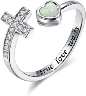 925 Sterling Silver Cross Purity Ring - Christian Religious Adjustable Ring Jewelry Gifts for Women (True Love Waits)