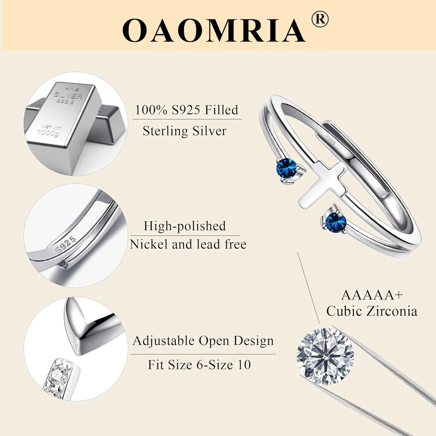 925 Sterling Silver Cross Rings Birthstone Rings Christian Jewelry for Women Daughter, Easter Gifts, Confirmation and Baptism Gifts