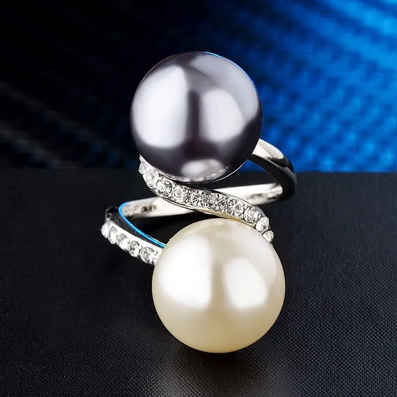 925 Sterling Silver Fashion Creative Two Tone Pearl Pure Natural Black Pearl White Pearl Unique Eternal Promise Ring Engagement Party Ring Jewelry-Making-Patterns