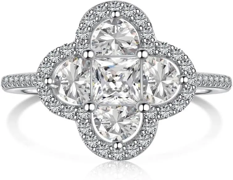 925 Sterling Silver Four Leaf Clover Promise Rings Fine Jewelry Engagement Wedding Rings for Women Pink/Green Cubic Zirconia Interchangeable Bridal Ring