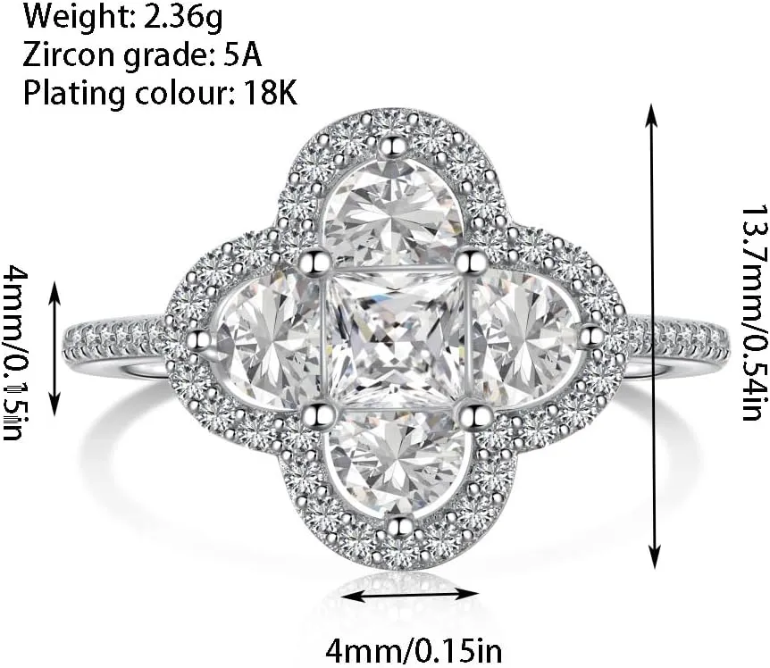 925 Sterling Silver Four Leaf Clover Promise Rings Fine Jewelry Engagement Wedding Rings for Women Pink/Green Cubic Zirconia Interchangeable Bridal Ring