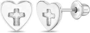 925 Sterling Silver Heart with Cross Toddler & Young Girls Safety Screw Back Earrings, Children's Tiny Stud Earrings - Religious Gift Idea for Kids, Beautiful & Fashionable Cross-Heart