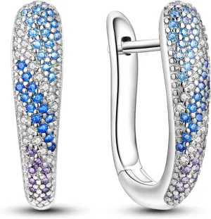 925 Sterling Silver Hoop Earrings for Women Teen, Hypoallergenic Huggie Earrings with Platinum Cubic Zirconia, Diamond Jewelry Gift Ideal (Blue close set French earrings)