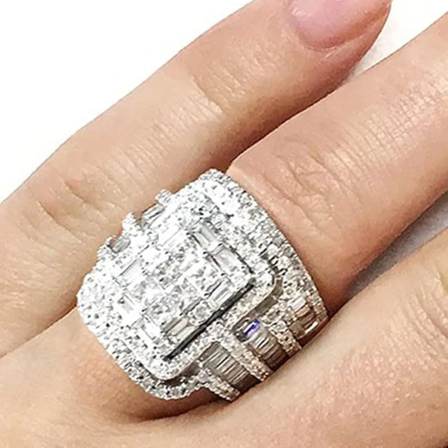 925 Sterling Silver Luxury Exaggerated Women's Full Diamond Cubic Zirconia Promise Ring CZ Diamond Multi Row Ring Eternal Engagement Wedding Jewelry-Making-Patterns