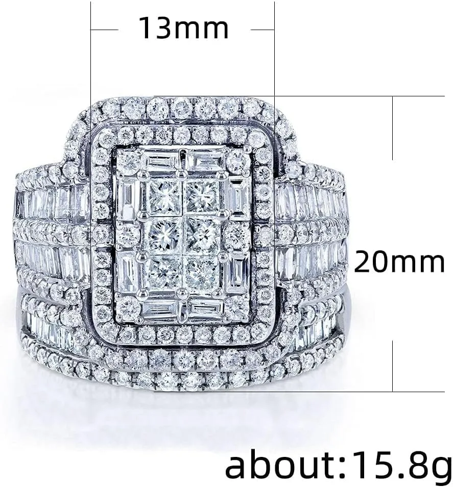925 Sterling Silver Luxury Exaggerated Women's Full Diamond Cubic Zirconia Promise Ring CZ Diamond Multi Row Ring Eternal Engagement Wedding Jewelry-Making-Patterns