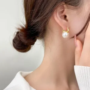 925 Sterling Silver Pearl Dangle Drop Earrings for Women Girls Hypoallergenic 14K Gold Plated Clasp Elegant Jewelry Size 14mm