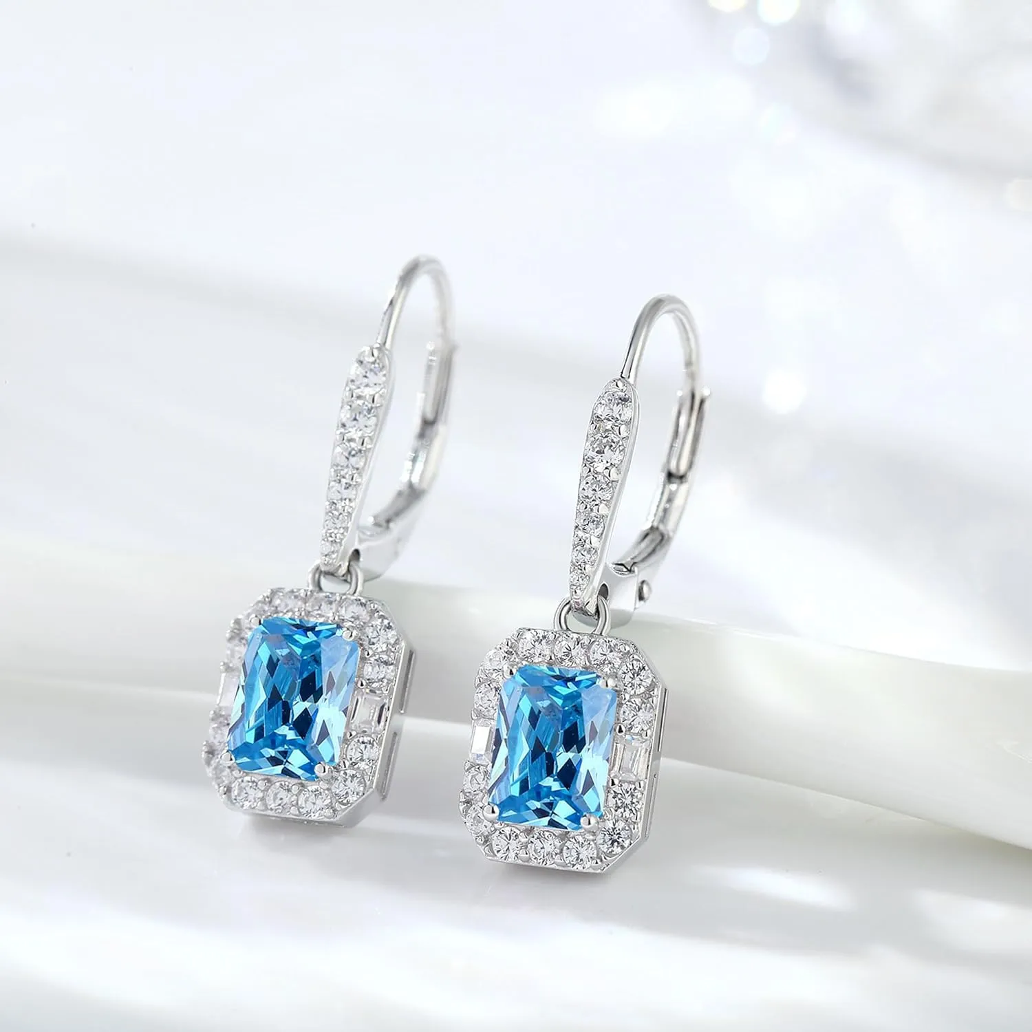 925 Sterling Silver Princess Cut Halo Drop Earrings Leverback Square Birthstone 3-Stone Jewelry Gifts for Women