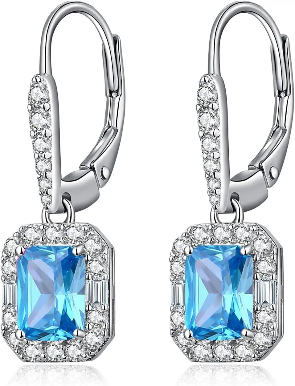 925 Sterling Silver Princess Cut Halo Drop Earrings Leverback Square Birthstone 3-Stone Jewelry Gifts for Women