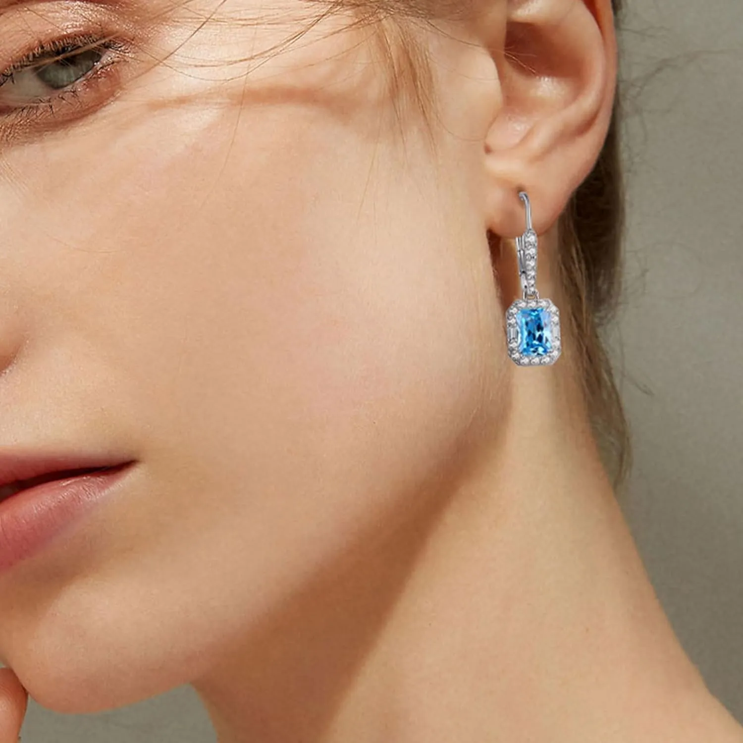 925 Sterling Silver Princess Cut Halo Drop Earrings Leverback Square Birthstone 3-Stone Jewelry Gifts for Women