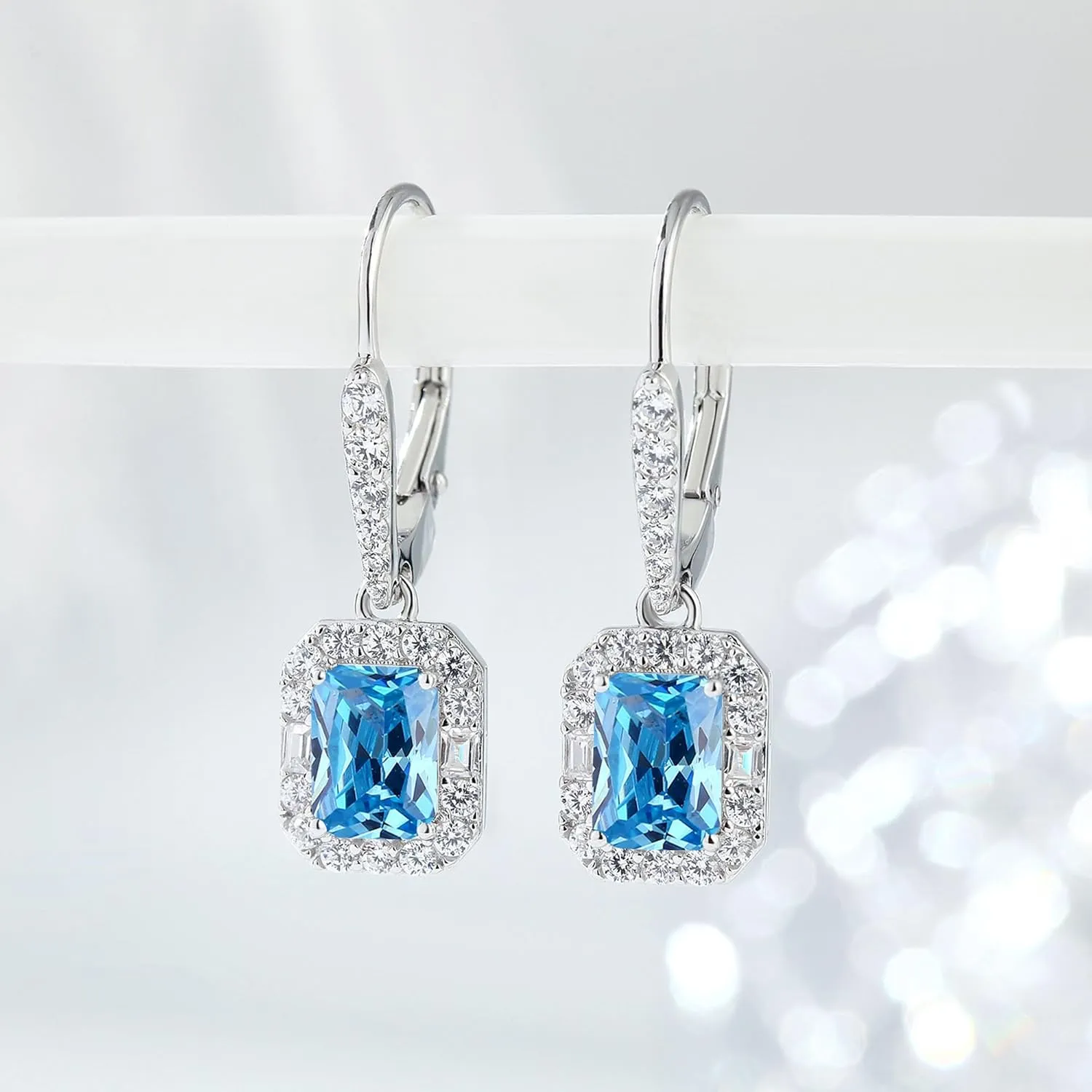 925 Sterling Silver Princess Cut Halo Drop Earrings Leverback Square Birthstone 3-Stone Jewelry Gifts for Women