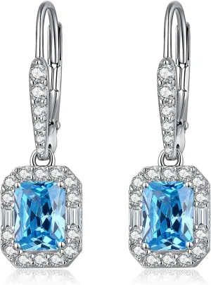 925 Sterling Silver Princess Cut Halo Drop Earrings Leverback Square Birthstone 3-Stone Jewelry Gifts for Women