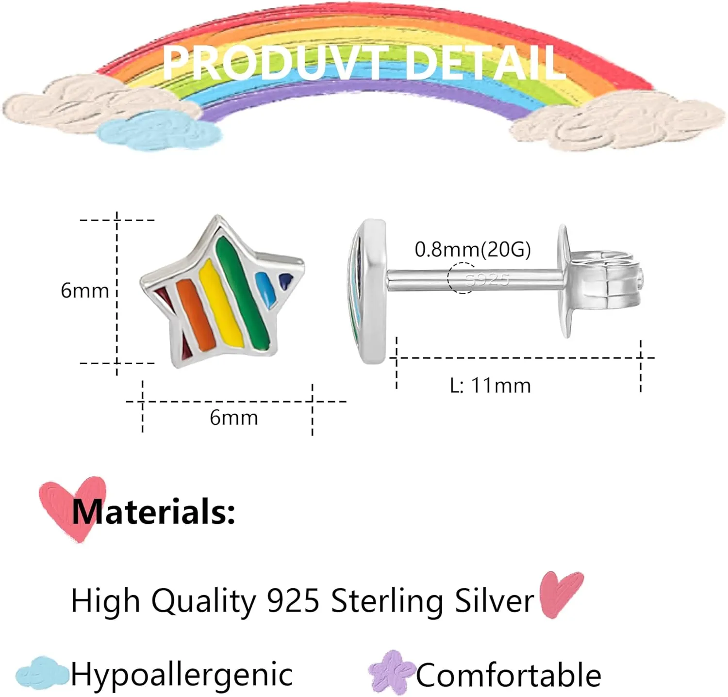 925 Sterling Silver Rainbow Earrings for Women Pride Earrings Studs Rainbow Stud Earrings for Women Tiny Heart Earrings for Women