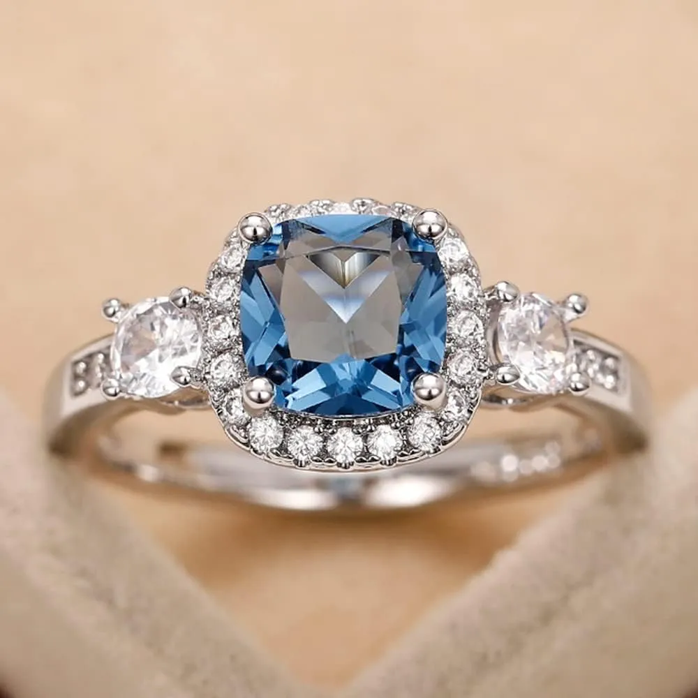925 Sterling Silver Shiny Color Brick Blue Ring Ring Female Diamond Ring Zircon Ring Female Jewelry Found Earrings