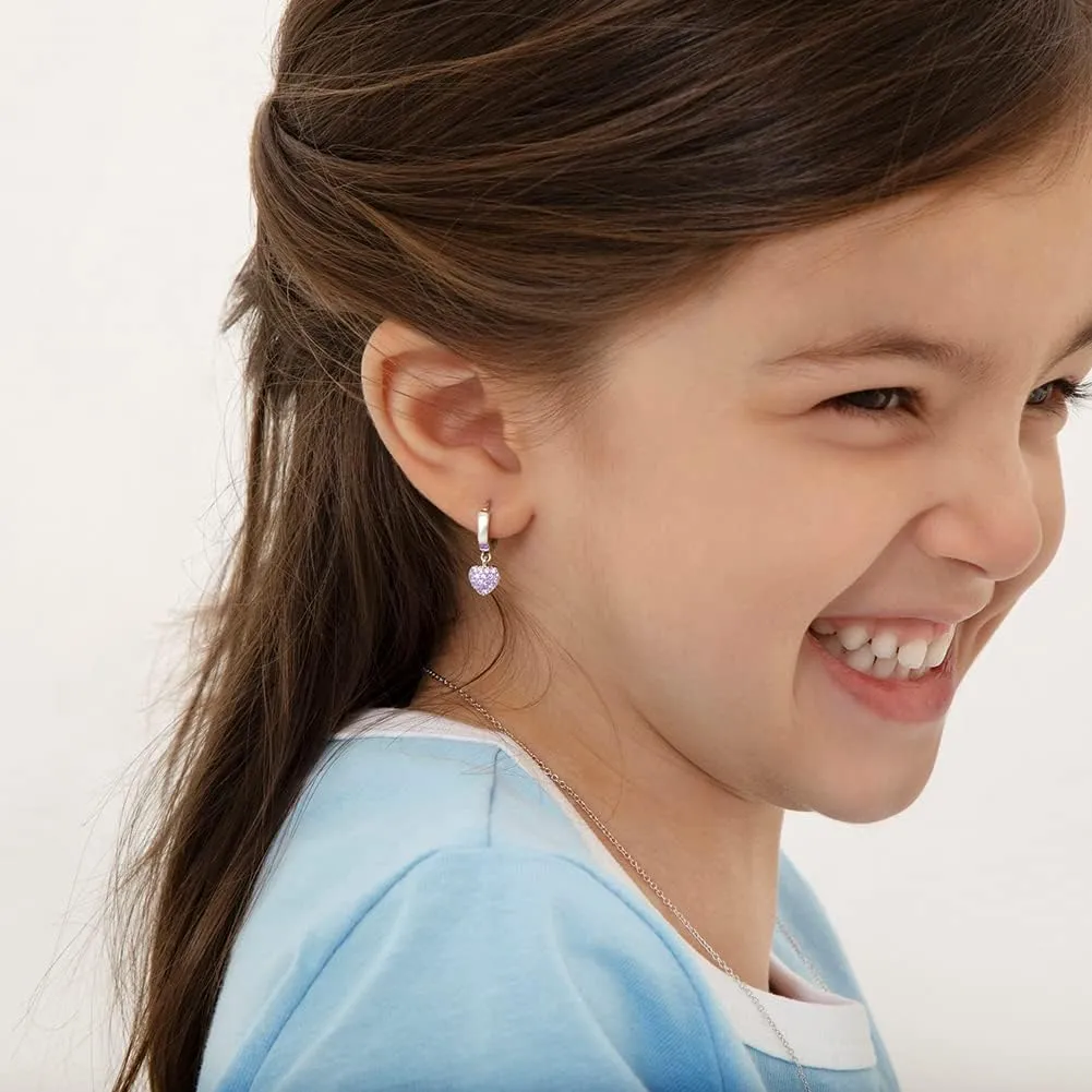 925 Sterling Silver Small Hoop CZ Heart Dangle Earrings for Toddlers & Girls - Adorable Heart Dangle Earrings with Sparkling Cubic Zirconia for Fashionable and Stylish Look - Hypoallergenic Jewelry