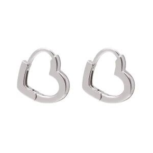 925 Sterling Silver Small Huggie Hoop Earrings Heart Shaped, White Gold Plated