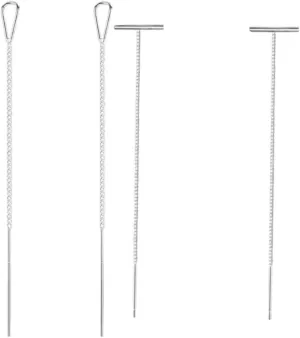 925 Sterling Silver Threader Earrings Women Teen Girls Dangle Earrings Minimalist Letter T Water Drop Tassel Chain Pull Through Earrings 2.95inch-2.75inch