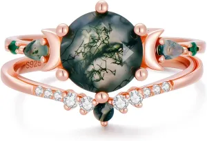 925 Sterling Silver with Plated 18k gold 2CT Moss Agate Engagement Rings Set Round cut Moissanite Birthday Engagement Wedding Bands Promise Rings Jewelry Gift for Women