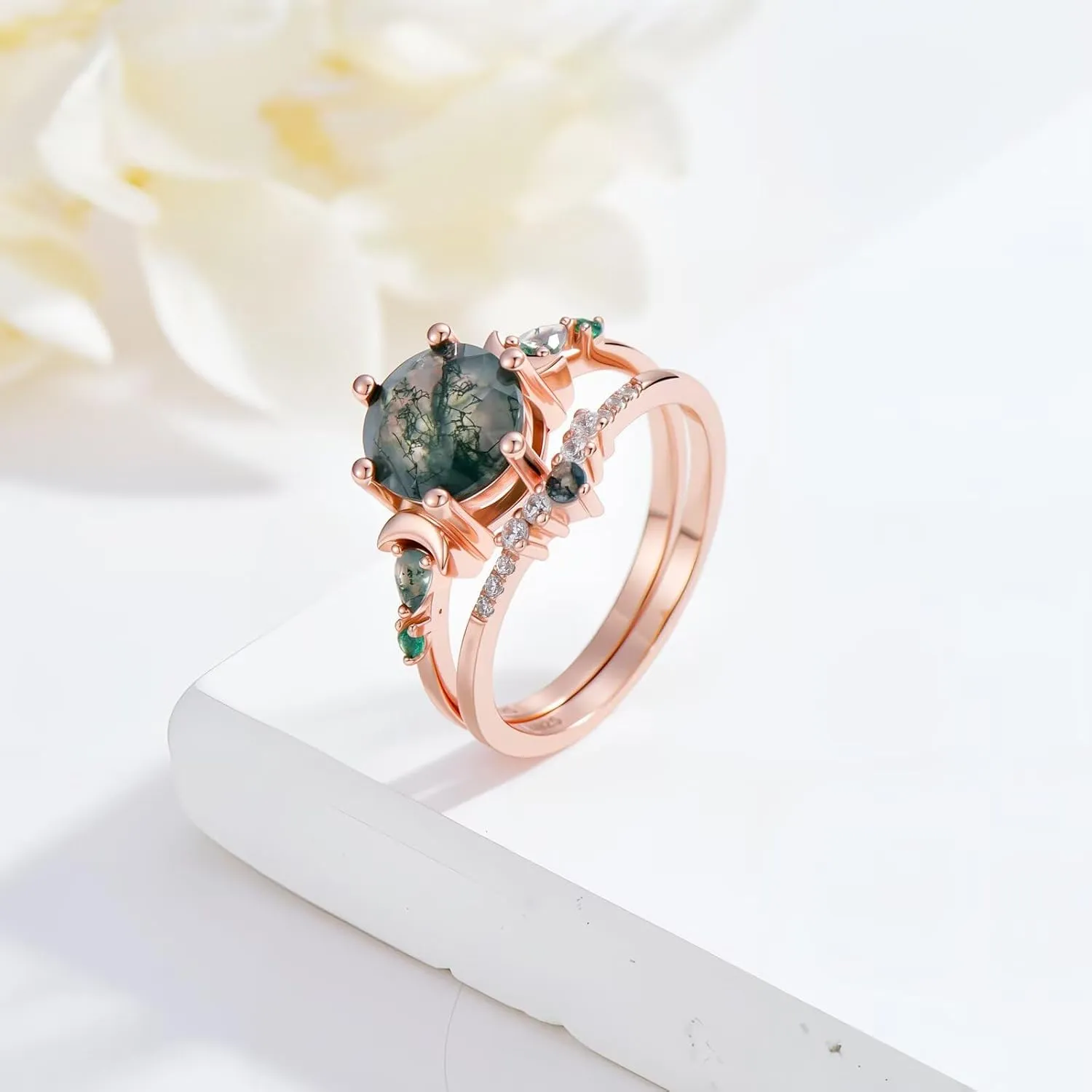 925 Sterling Silver with Plated 18k gold 2CT Moss Agate Engagement Rings Set Round cut Moissanite Birthday Engagement Wedding Bands Promise Rings Jewelry Gift for Women