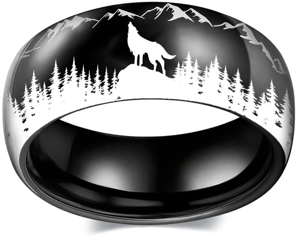 925 Sterling Silver Wolf in Forest Ring, Stainless Steel Ring for Men and Women, Titanium Steel Black Forest Animal, Forest Wolf Grassland Wolf Ring at Night Size 9
