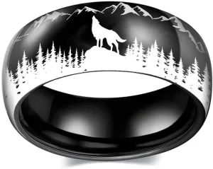 925 Sterling Silver Wolf in Forest Ring, Stainless Steel Ring for Men and Women, Titanium Steel Black Forest Animal, Forest Wolf Grassland Wolf Ring at Night Size 9