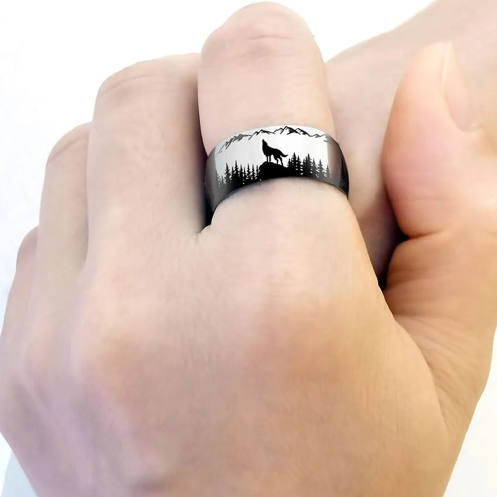 925 Sterling Silver Wolf in Forest Ring, Stainless Steel Ring for Men and Women, Titanium Steel Black Forest Animal, Forest Wolf Grassland Wolf Ring at Night Size 9