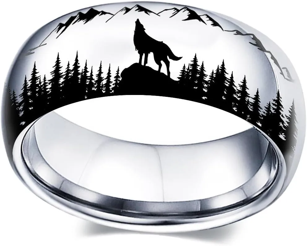 925 Sterling Silver Wolf in Forest Ring, Stainless Steel Ring for Men and Women, Titanium Steel Black Forest Animal, Forest Wolf Grassland Wolf Ring at Night Size 9