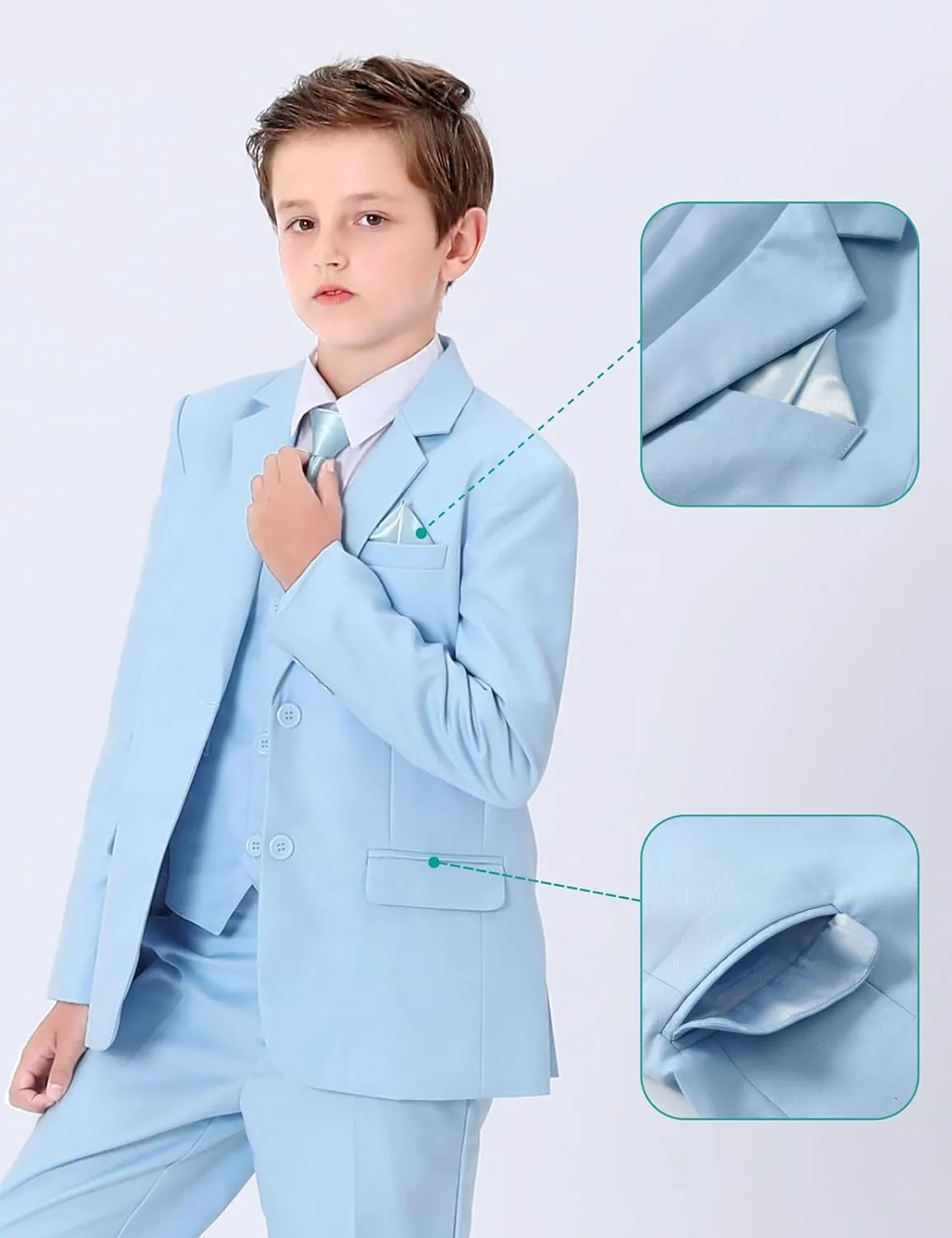 A&J DESIGN Boys 5-Piece Formal Suit Set with Jacket, Dress Pants, Tie, Bowtie and Pocket Square