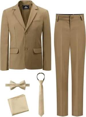 A&J DESIGN Boys 5-Piece Formal Suit Set with Jacket, Dress Pants, Tie, Bowtie and Pocket Square
