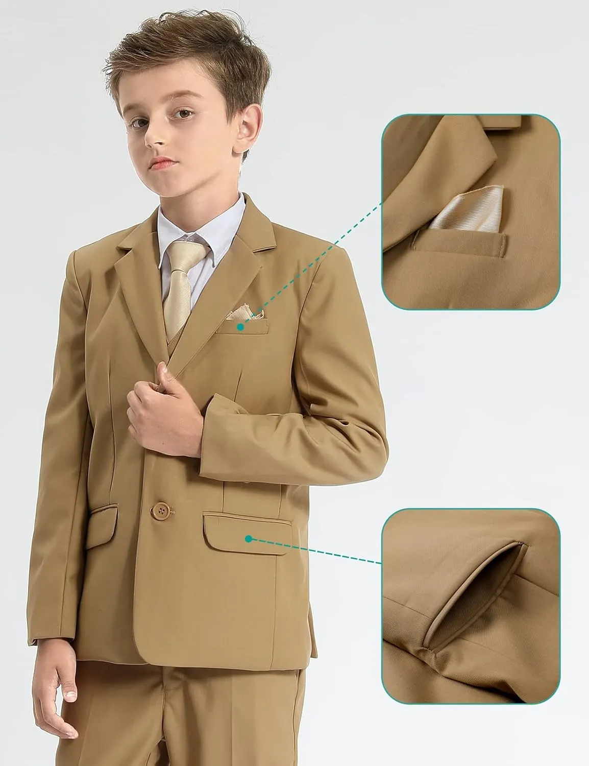A&J DESIGN Boys 5-Piece Formal Suit Set with Jacket, Dress Pants, Tie, Bowtie and Pocket Square